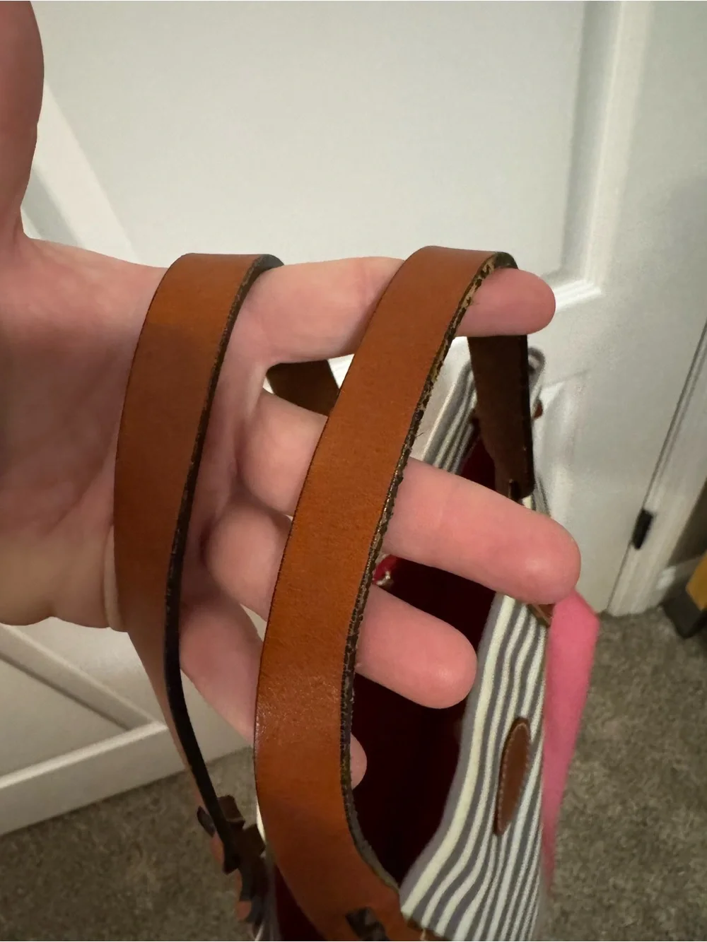 Dooney & Bourke Striped Canvas Tote with Pink Accent and Brown Leather Handles